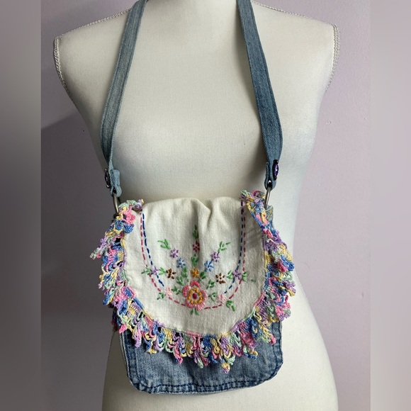 Handmade Upcycled Denim Purse, Shoulder Strap, Doilie Flap Cover - Picture 2 of 5